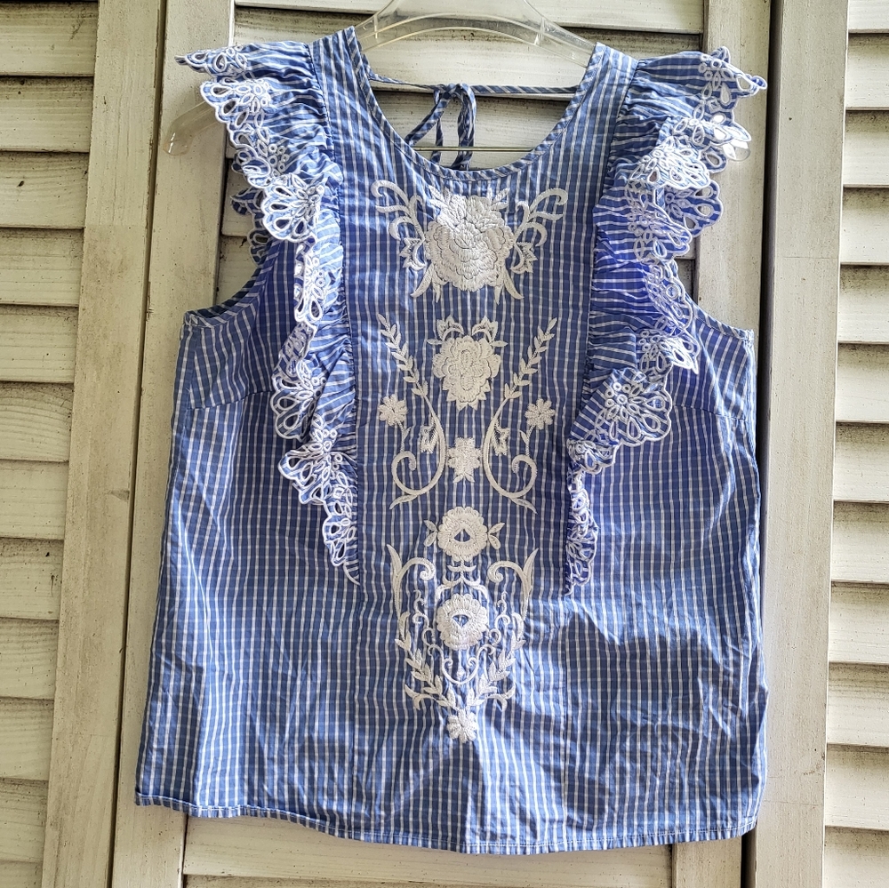Parker NY Emele Womens White Blue Gingham Eyelet Embroidered Cotton Top